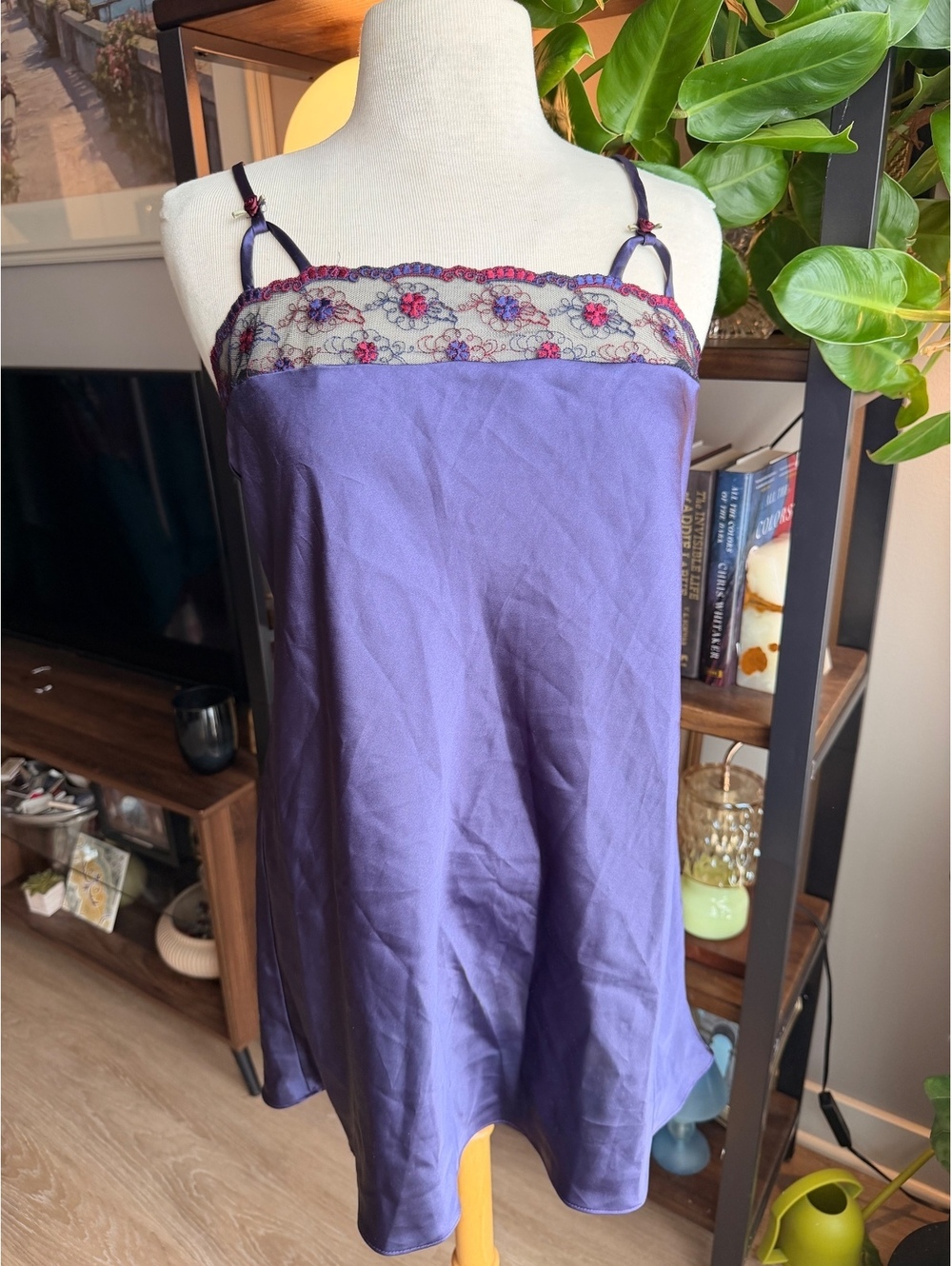 Vintage Angelique Purple Slip Dress with Floral Lace Detail Size Medium